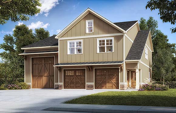 Country, Craftsman, Traditional Garage-Living Plan 76717 with 2 Beds, 2 Baths, 3 Car Garage Elevation