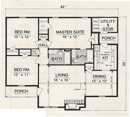 House Plan 76902 with 3 Beds, 2 Baths First Level Plan