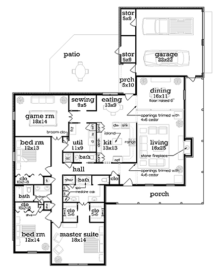 House Plan 76924 - Southern Style with 2522 Sq Ft, 3 Bed, 2 Bath,