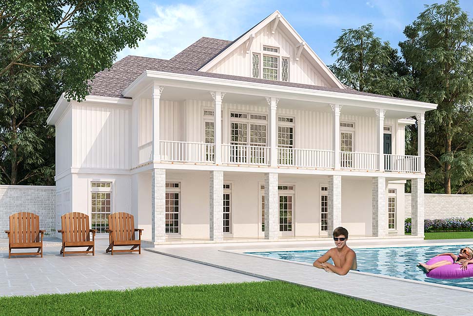 Colonial, Country, Southern Plan with 2754 Sq. Ft., 4 Bedrooms, 3 Bathrooms, 2 Car Garage Rear Elevation