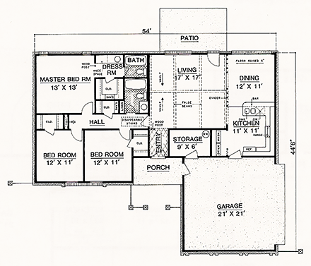 Ranch House Plan 76931 with 3 Beds, 2 Baths, 2 Car Garage First Level Plan