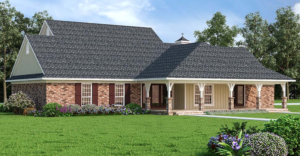 Country Plan with 2006 Sq. Ft., 3 Bedrooms, 3 Bathrooms, 2 Car Garage Rear Elevation