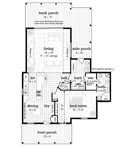 Cottage House Plan 76942 with 1 Beds, 2 Baths First Level Plan
