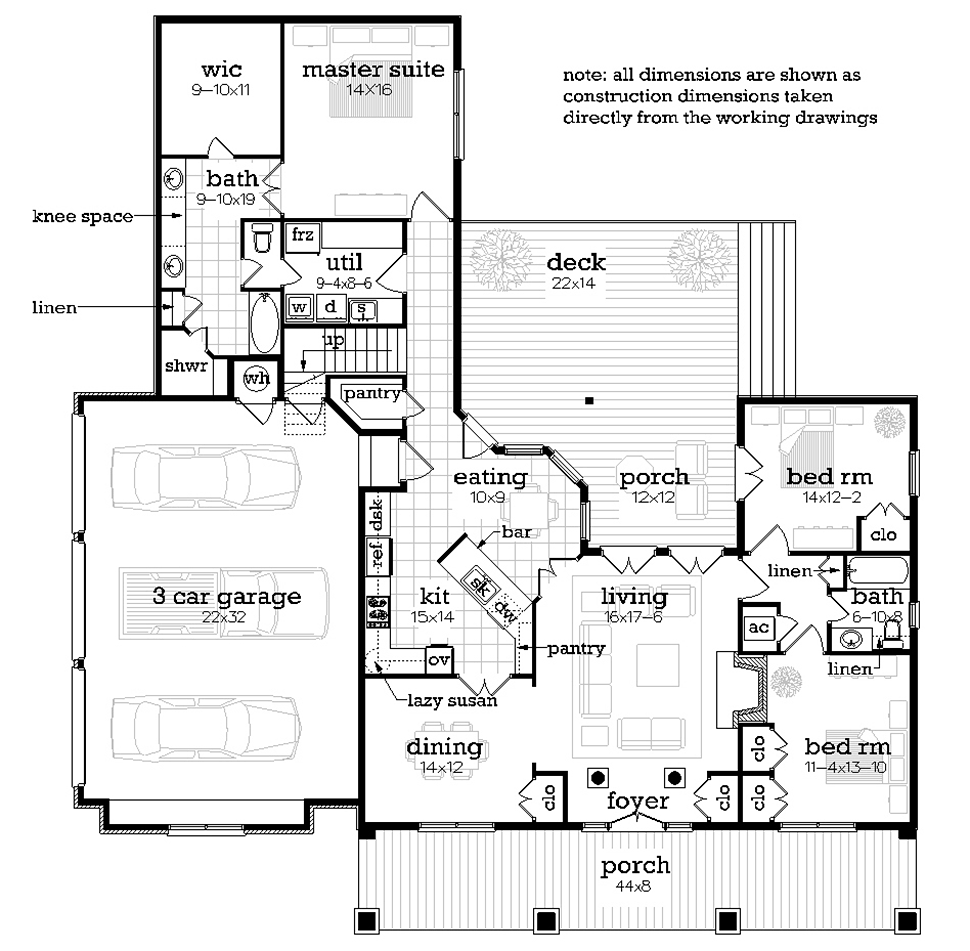 Farmhouse House Plan 76943 with 3 Beds, 2 Baths, 3 Car Garage Level One