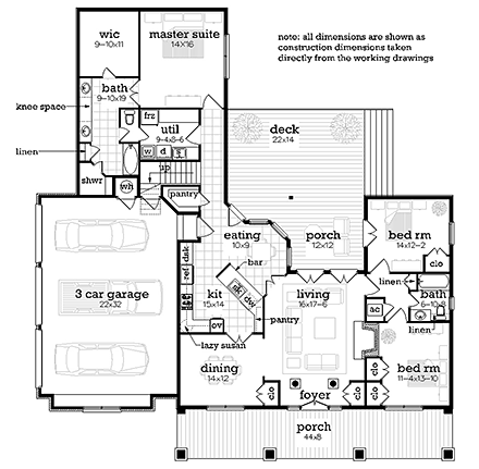 Farmhouse House Plan 76943 with 3 Beds, 2 Baths, 3 Car Garage First Level Plan