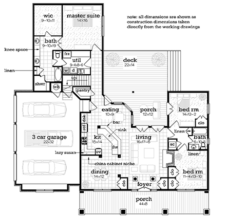 Farmhouse House Plan 76944 with 3 Beds, 2 Baths, 3 Car Garage First Level Plan