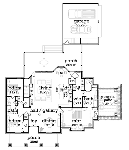 Farmhouse House Plan 76951 with 3 Beds, 2 Baths, 2 Car Garage First Level Plan