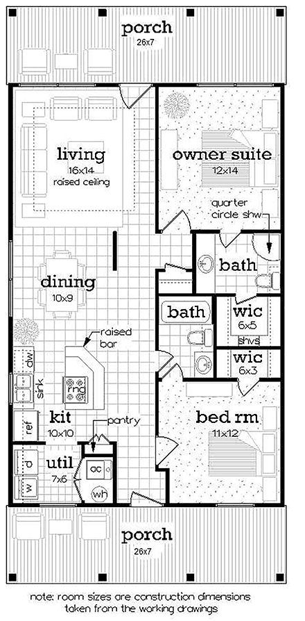 Colonial, Cottage, Country, European, Southern House Plan 76958 with 2 Beds, 2 Baths First Level Plan
