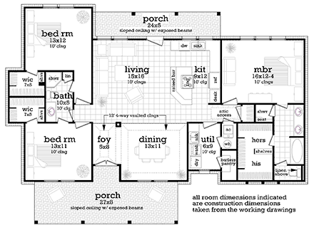 Contemporary, Farmhouse House Plan 76964 with 3 Beds, 2 Baths First Level Plan