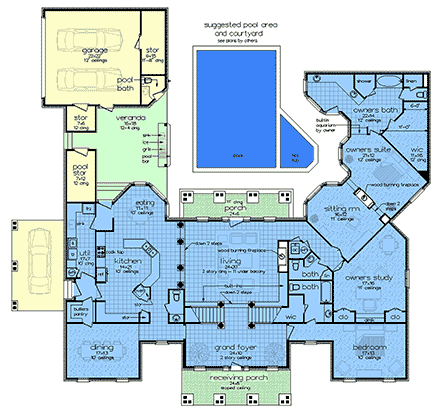 Colonial, Southern, Traditional House Plan 76968 with 4 Beds, 7 Baths, 2 Car Garage First Level Plan