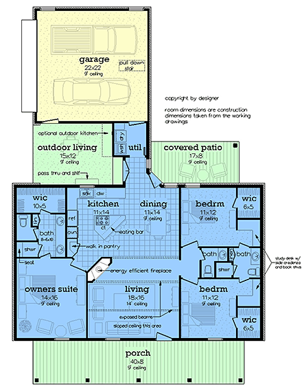 Country, Ranch, Southern House Plan 76975 with 3 Beds, 3 Baths, 2 Car Garage First Level Plan