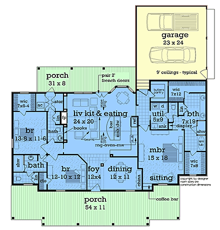 Country, Farmhouse, Southern House Plan 76979 with 3 Beds, 3 Baths, 2 Car Garage First Level Plan