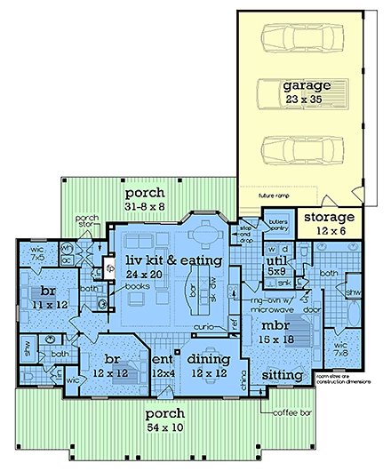 Country, Ranch, Southern House Plan 76980 with 3 Beds, 3 Baths, 2 Car Garage First Level Plan