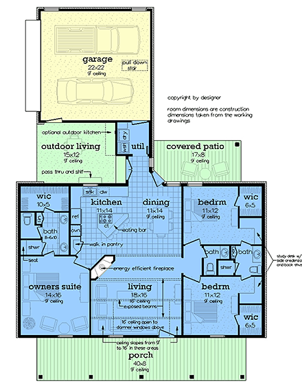 Country, Ranch, Southern House Plan 76981 with 3 Beds, 3 Baths, 2 Car Garage First Level Plan