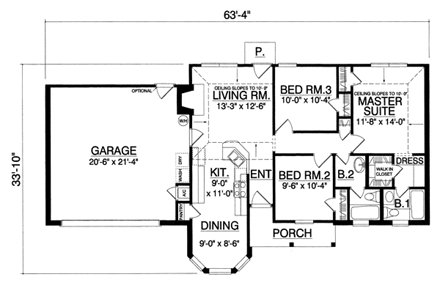 Country, One-Story House Plan 77001 with 3 Beds, 2 Baths, 2 Car Garage First Level Plan