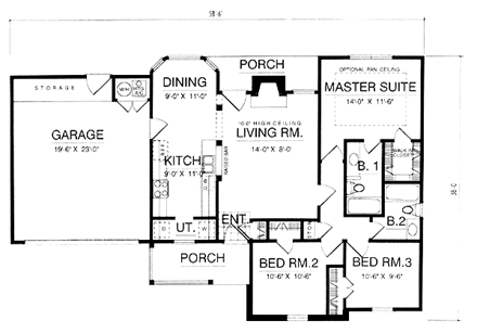 One-Story, Ranch House Plan 77002 with 3 Beds, 2 Baths, 2 Car Garage First Level Plan