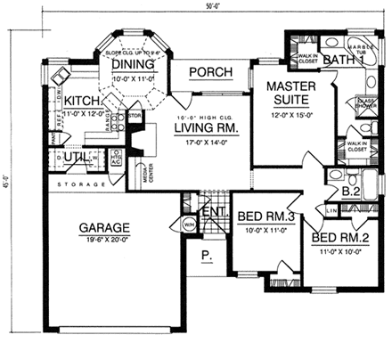 One-Story, Traditional House Plan 77010 with 3 Beds, 2 Baths, 2 Car Garage First Level Plan
