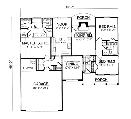 One-Story, Traditional House Plan 77011 with 3 Beds, 2 Baths, 2 Car Garage First Level Plan