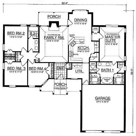 Colonial, One-Story, Traditional House Plan 77041 with 4 Beds, 2 Baths, 2 Car Garage First Level Plan