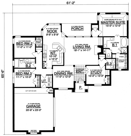 European, One-Story House Plan 77060 with 3 Beds, 2.5 Baths, 2 Car Garage First Level Plan