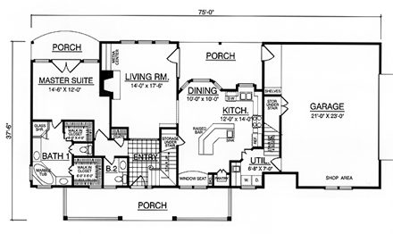 Country House Plan 77063 with 3 Beds, 2.5 Baths, 2 Car Garage First Level Plan