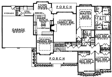 One-Story, Ranch, Traditional House Plan 77064 with 4 Beds, 2 Baths, 2 Car Garage First Level Plan