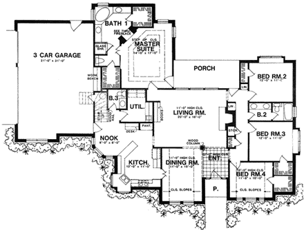 European House Plan 77085 with 4 Beds, 2.5 Baths, 3 Car Garage First Level Plan
