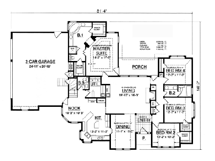 European House Plan 77089 with 4 Beds, 2.5 Baths, 3 Car Garage First Level Plan