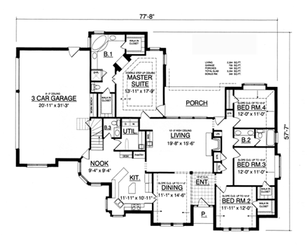 European House Plan 77091 with 4 Beds, 2.5 Baths, 3 Car Garage First Level Plan
