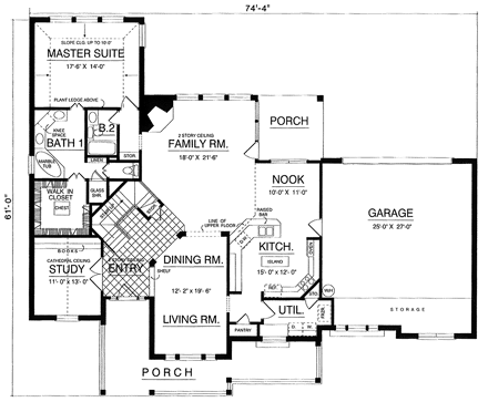 Country, Farmhouse House Plan 77124 with 3 Beds, 3 Baths, 2 Car Garage First Level Plan