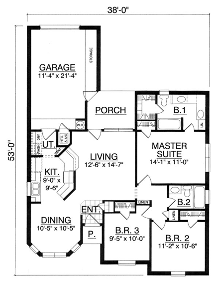 One-Story, Traditional House Plan 77157 with 3 Beds, 2 Baths First Level Plan