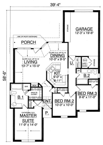 One-Story, Traditional House Plan 77158 with 3 Beds, 2 Baths, 1 Car Garage First Level Plan