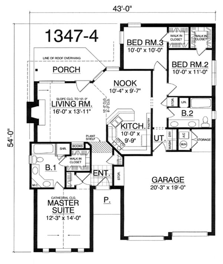 One-Story, Traditional House Plan 77159 with 3 Beds, 2 Baths, 2 Car Garage First Level Plan
