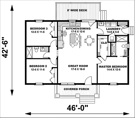Cottage, Country, Ranch House Plan 77400 with 3 Beds, 2 Baths First Level Plan
