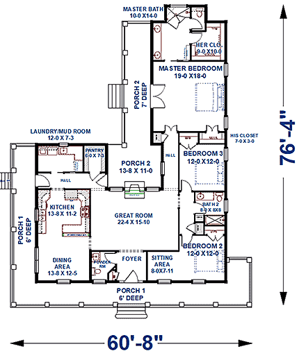 Country, Southern House Plan 77410 with 3 Beds, 3 Baths First Level Plan