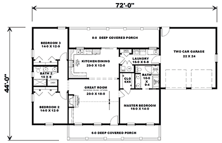 Country, Ranch House Plan 77423 with 3 Beds, 2 Baths, 2 Car Garage First Level Plan