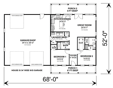 Barndominium House Plan 77426 with 2 Beds, 2 Baths, 3 Car Garage First Level Plan