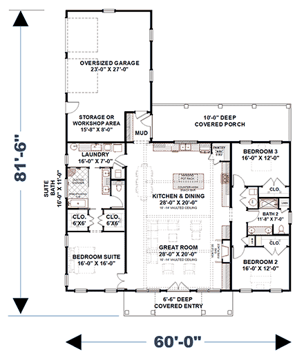 Barndominium, Farmhouse House Plan 77427 with 3 Beds, 2 Baths, 2 Car Garage First Level Plan