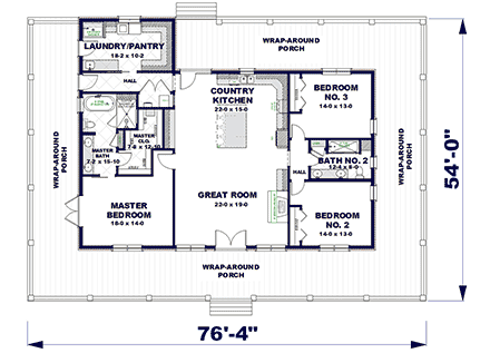 Colonial, Country, Farmhouse, Southern House Plan 77430 with 3 Beds, 2 Baths First Level Plan