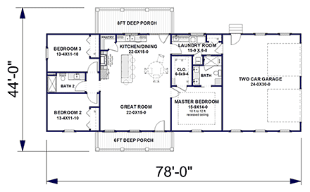 Barndominium, Ranch House Plan 77431 with 3 Beds, 2 Baths, 2 Car Garage First Level Plan