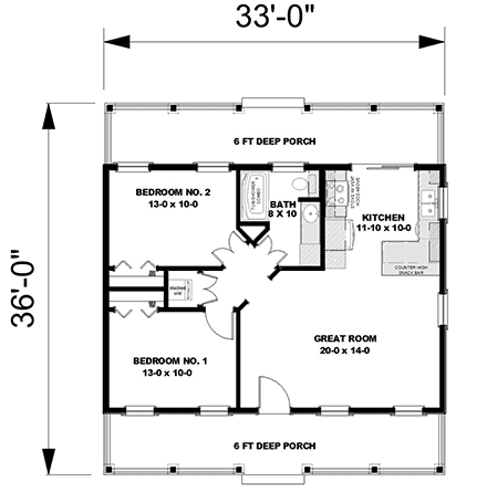 Bungalow, Cottage, Country, Southern House Plan 77432 with 2 Beds, 1 Baths First Level Plan