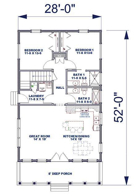 Cottage, Country, Farmhouse, Southern, Traditional House Plan 77433 with 2 Beds, 2 Baths First Level Plan