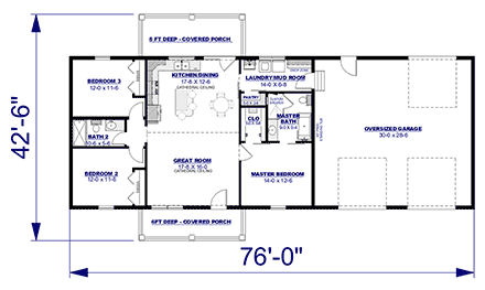 Cottage, Country, Ranch House Plan 77437 with 3 Beds, 2 Baths, 2 Car Garage First Level Plan