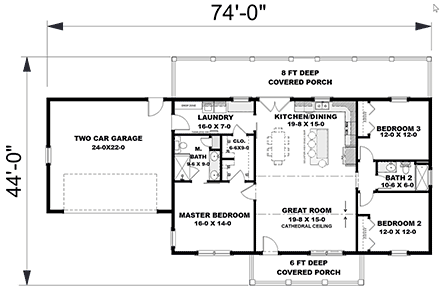 Country, Ranch, Southern, Traditional House Plan 77440 with 3 Beds, 2 Baths, 2 Car Garage First Level Plan