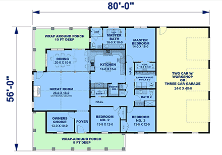 Country, Craftsman, Farmhouse, Southern House Plan 77450 with 3 Beds, 3 Baths, 3 Car Garage First Level Plan