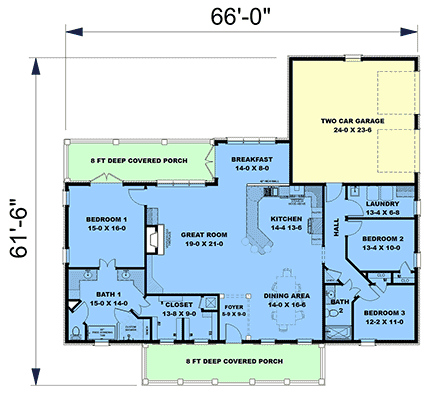 Country, Farmhouse, Ranch, Southern House Plan 77452 with 3 Beds, 2 Baths, 2 Car Garage First Level Plan
