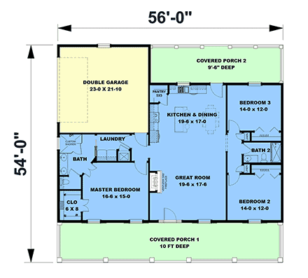 Country, Ranch House Plan 77455 with 3 Beds, 2 Baths, 2 Car Garage First Level Plan