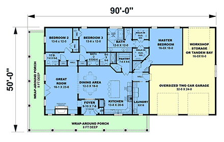Country, Farmhouse, Ranch House Plan 77456 with 3 Beds, 3 Baths, 2 Car Garage First Level Plan