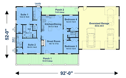 Country, Ranch House Plan 77457 with 4 Beds, 3 Baths, 3 Car Garage First Level Plan