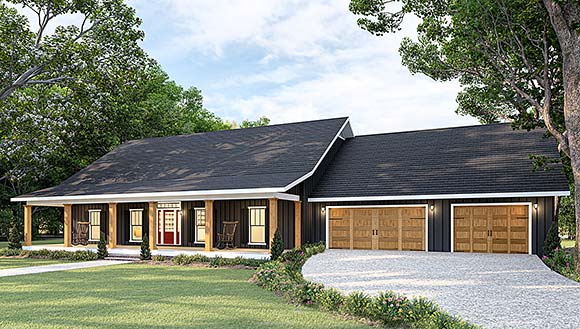 Country, Ranch House Plan 77457 with 4 Beds, 3 Baths, 3 Car Garage Elevation